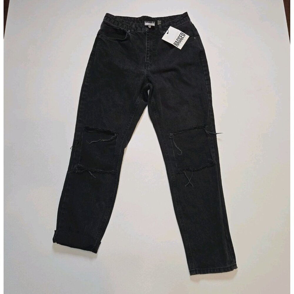 The Ragged Jeans CHARCOAL BURNER MOM JEANS Washed Black Ripped Knees Size 30 NWT